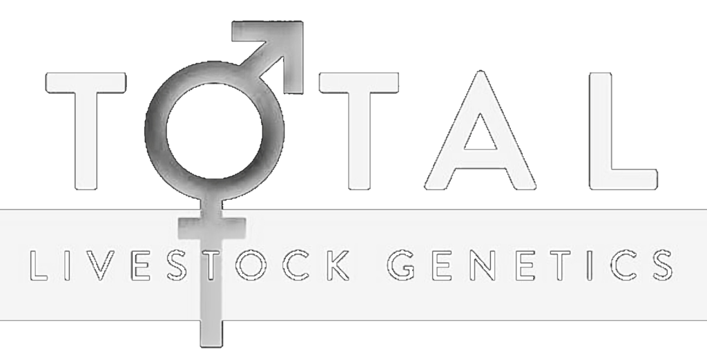 Logo for "Total Livestock Genetics" with the "O" in "TOTAL" replaced by overlapping male and female gender symbols.
