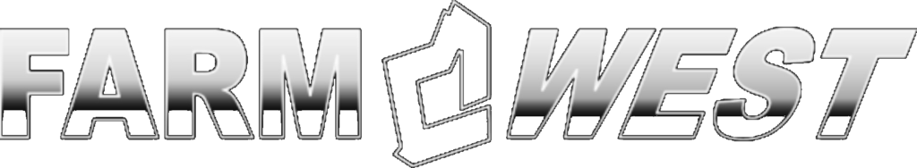 The image shows the logo "FARM WEST" in large capital letters with a stylised outline of a barn incorporated between the words.